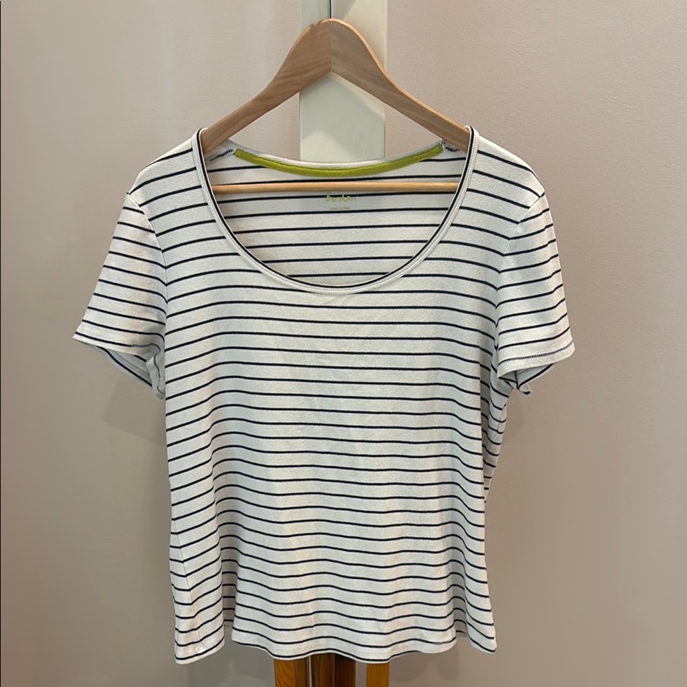 Boden White Tee with Navy Stripes and Lime Trim